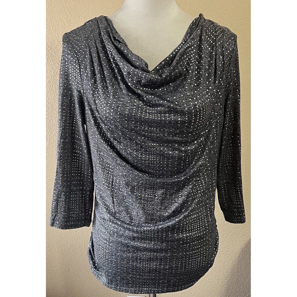 Laura Ashley Gray Shimmer Gray Cowl Neck Draped Top Silver Square Sz Small